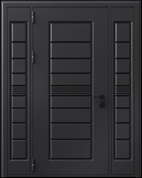 Входная термодверь с металлофиленкой, вставками по бокам и порошковым покрытием RAL 9004 (тип №7) Входная термодверь с металлофиленкой, вставками по бокам и порошковым покрытием RAL 9004 (тип №7)